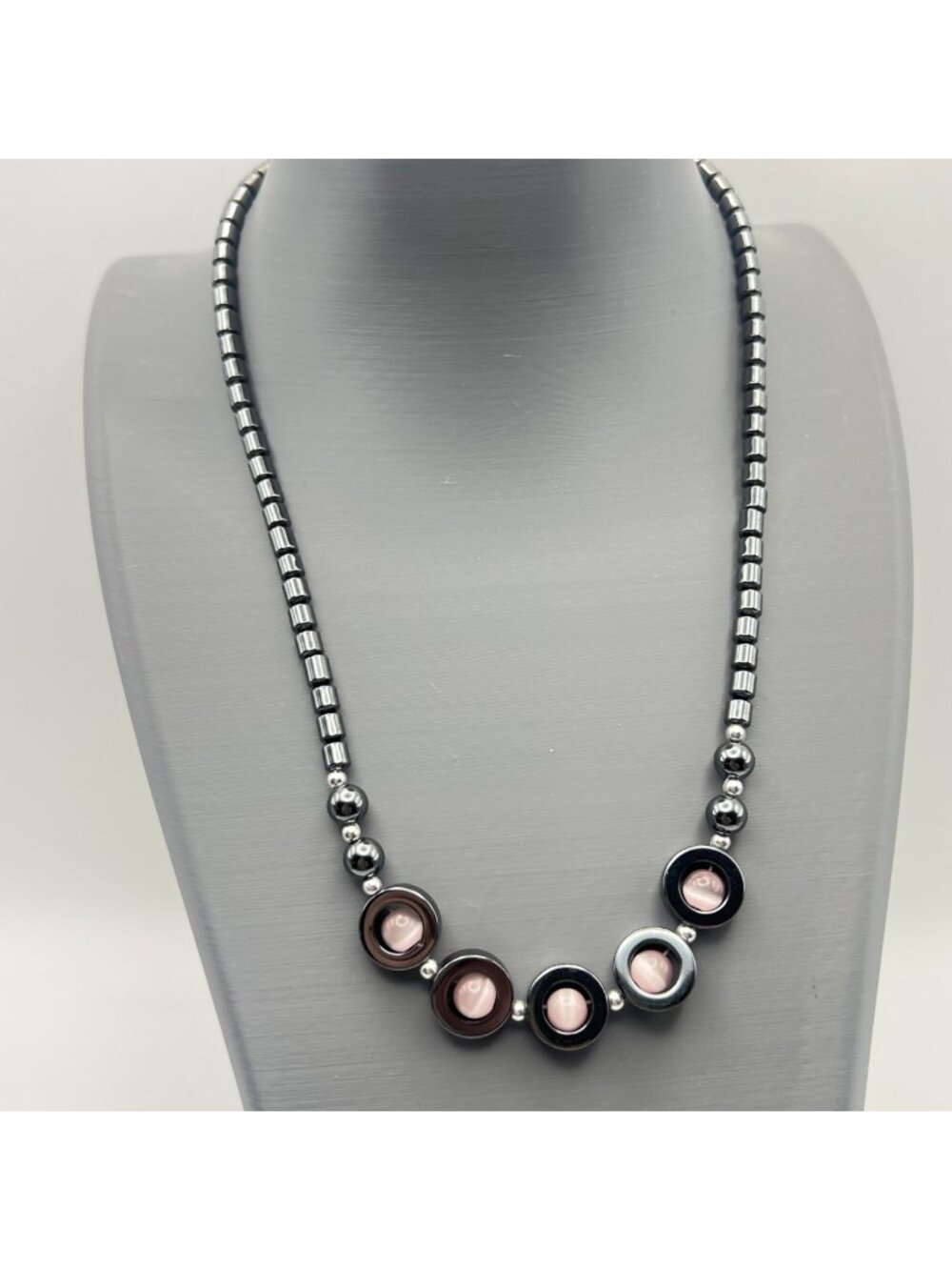 Pink Cat Eye Glass Magnetic Hematite Hematine Bead Necklace 17" Vintage Style